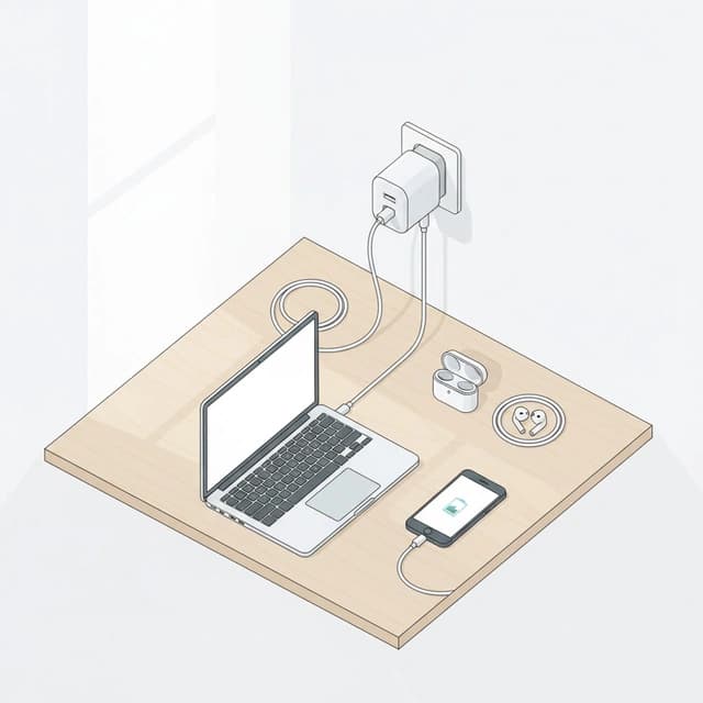 Compact USB-C wall charger on a tidy desk next to a laptop and phone