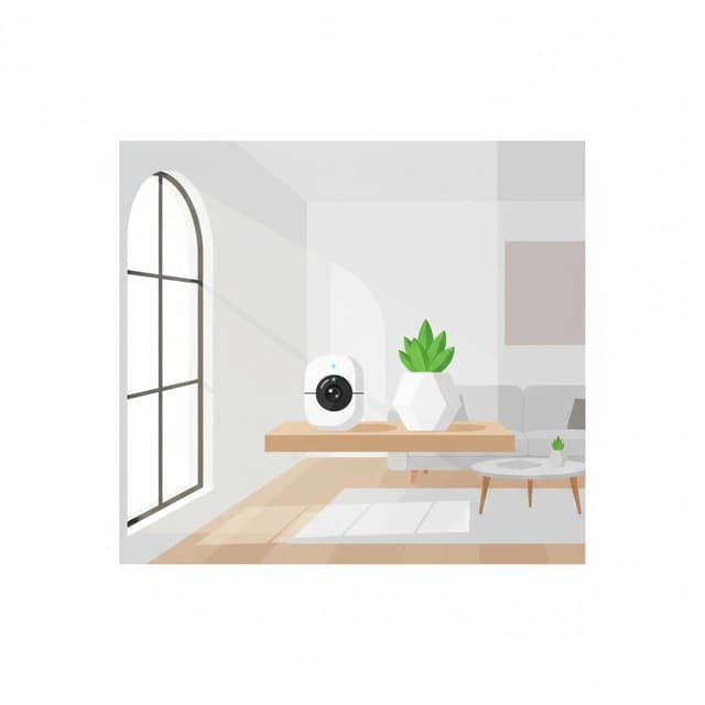 Small indoor security camera sitting on a wooden shelf in a living room