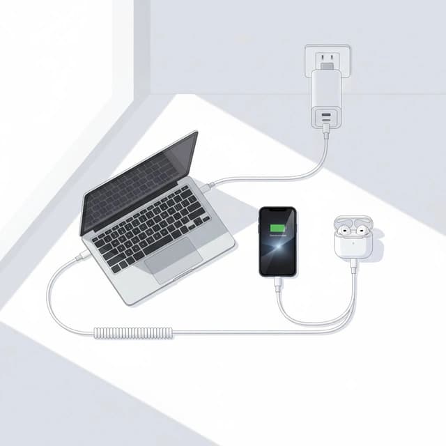 Compact USB-C wall charger on a clean desk next to a laptop and phone