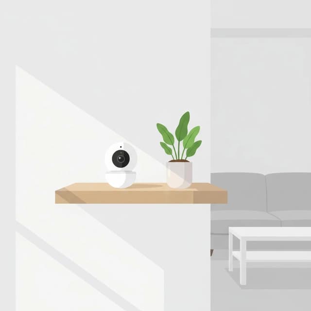 Small indoor security camera sitting on a wooden shelf in a living room