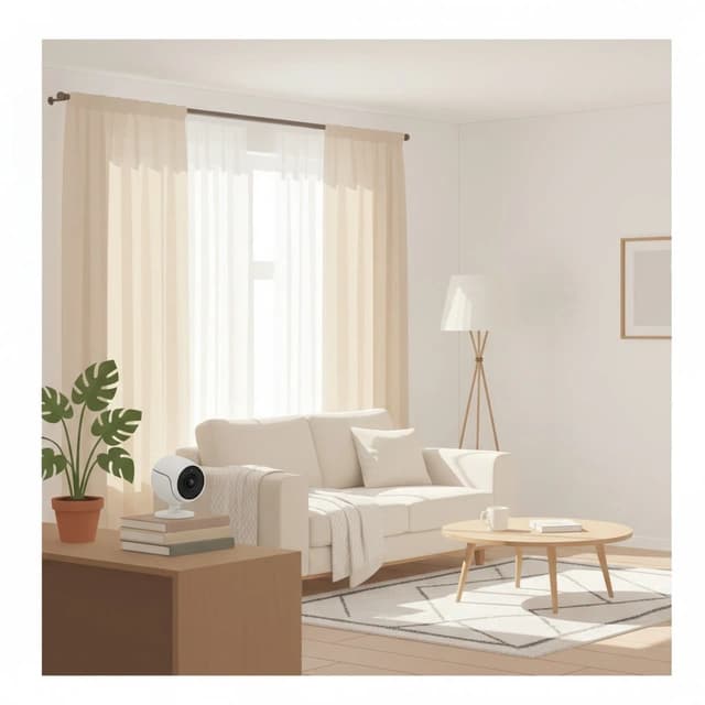 Compact white security camera on a bookshelf in a cozy living room