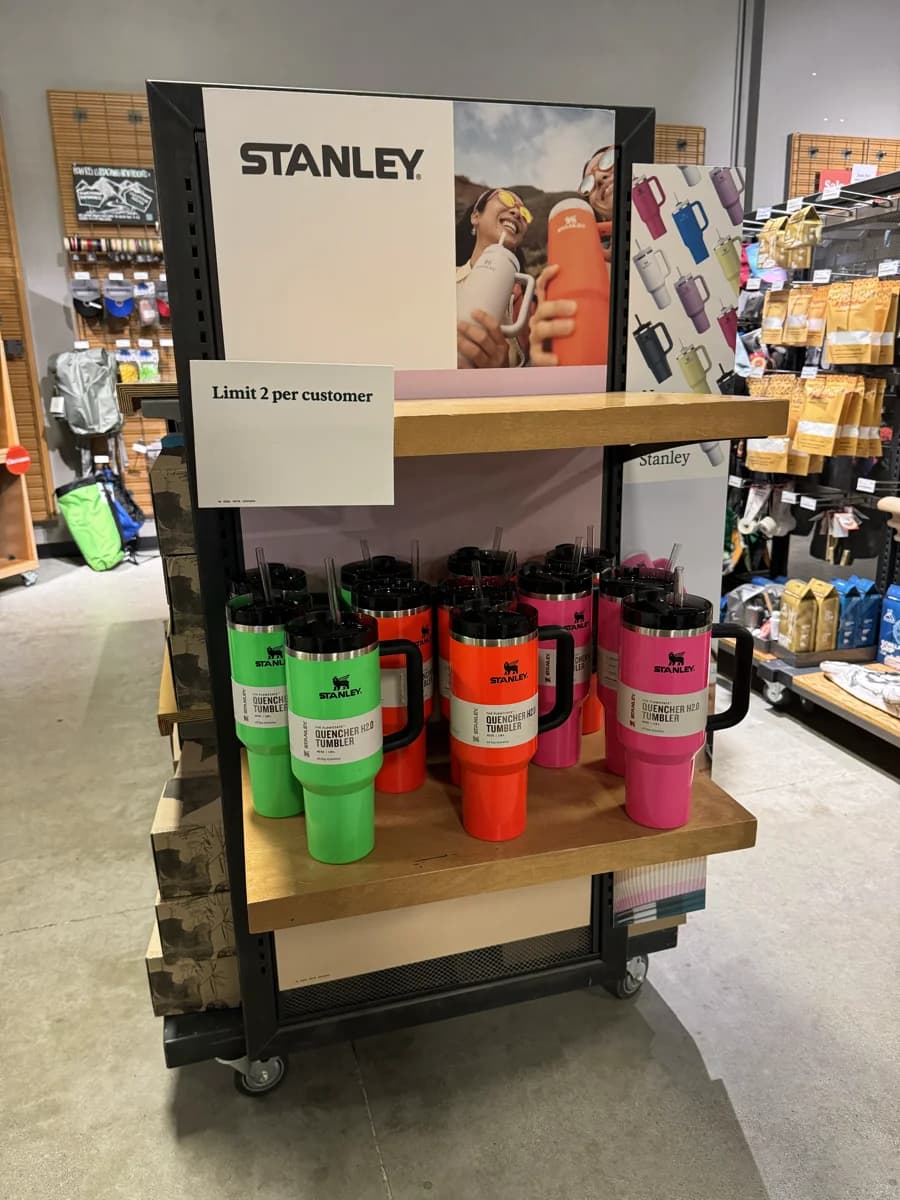 Stanley Quencher H2.0 FlowState 40 oz tumbler on a retail display shelf